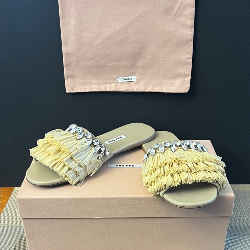 Miu Miu Cream Fringe Sandals with Crystal Accents | Size 37.5